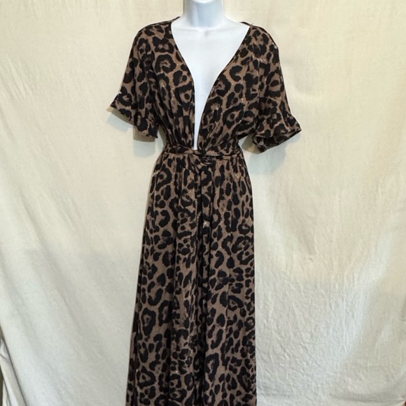 B-144 SHEIN PLUS SIZE 1X Brown Black White Animal Print Short Sleeve Maxi Dress - Picture 1 of 14